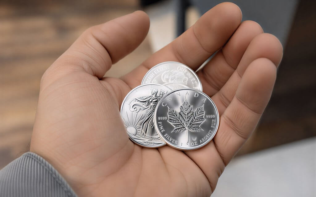 silver coins holding by a hand